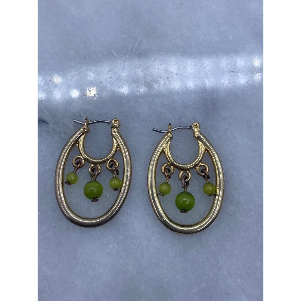 Hoop Earrings Gold Green Triple Bead Dangle‎ Oval Latch Back Statement Earthy